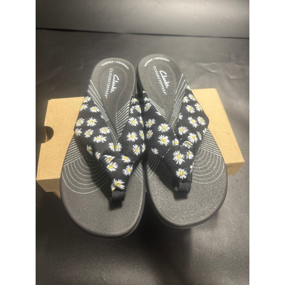 Clarks Cloudsteppers Arla Glison Daisy Floral‎ Flip Flops Black Womens 7M New